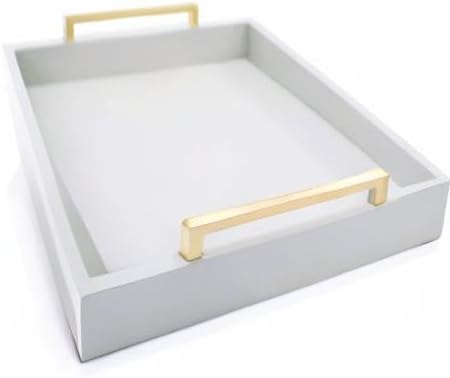 Decorative Coffee Table Tray - Ottoman Tray - Breakfast, Drinks, Liquor Serving Platter - from Farmhouse to Modern - Matte Finish - Champagne Gold Handles - Harbor Gray