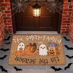 InterestPrint Personalized Halloween Family Doormat with Name Happy Ghost Custom Family Member Welcome Mat, Customized Halloween Door Mat with Name, Dog, Cat, Ghost Family Welcome Doormat