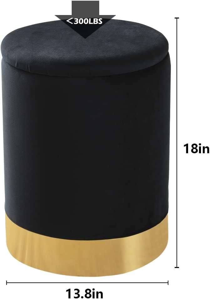 Mxfurhawa Velvet Storage Ottoman Multipurpose Footrest Stool with Metal Base Modern Round Vanity Stool Chair Ottoman Foot Stools Support 300 lbs Padded Seat for Living Room (Black (Velvet))