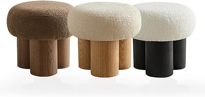 Mushroom Foot Stool, Round Teddy Fabric Ottoman with Non-Skid Legs, Small Footrest for Under Desk, Sofa Couch, Shoe Changing at Entrance, Living Room Bedroom Office (White & Black)