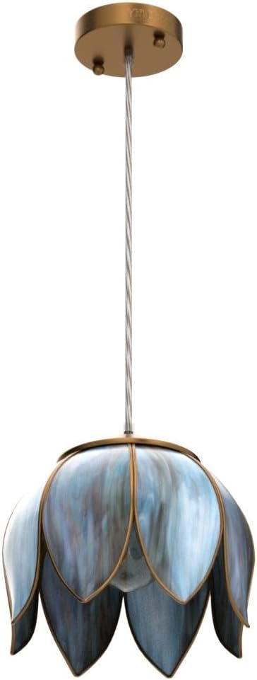 Pendant Lighting, Vintage Oriental Lotus Brass Ceiling Pendant Light Fixture, Mixed Blue-Green Glass Hanging Lamp for Kitchen Island Dining Room Living Room Sideway Shops, UL Listed