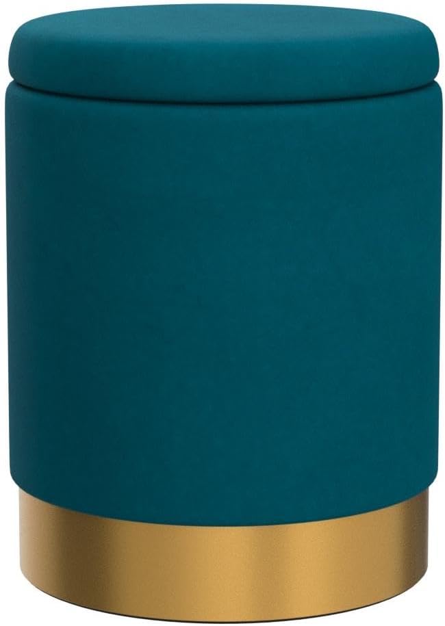 Mxfurhawa Velvet Storage Ottoman Multipurpose Footrest Stool with Metal Base Modern Round Vanity Stool Chair Ottoman Foot Stools Support 300 lbs Padded Seat for Living Room (Blue Green)