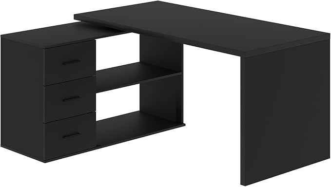 HSH Black L Shaped Desk with Drawers Shelves, 360 Rotating Home Office Desk L Shape with Storage Cabinet, Corner Wood Computer Table for PC Executive Work Study Writing in Bedroom Living Room, 55 in