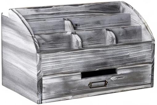 VERGOODR Rustic Wooden Office Desk Organizer 5 Compartment with 2 Drawer &Counter Home Tabletop Desktop Jewelry Mail Rack Storage Box for Pens Notebooks Folders Pencils (Grey white)