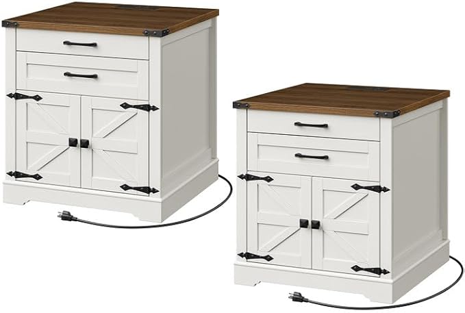 Farmhouse End Table Set of 2, 24'' Sofa Side Table with 2 Drawers and Barn Door, Large Rustic Wooden Square Nightstand for Bedroom, Living Room, White and Walnut