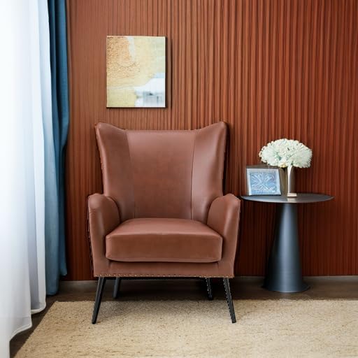 HULALA Home Faux Leather Accent Chair w/Removable Cushion, Comfy Upholstered Armchair with Black Metal Legs & Nailhead Trim Wingback Vanity Chair Desk Chair for Reading Living Room Bedroom, Brown