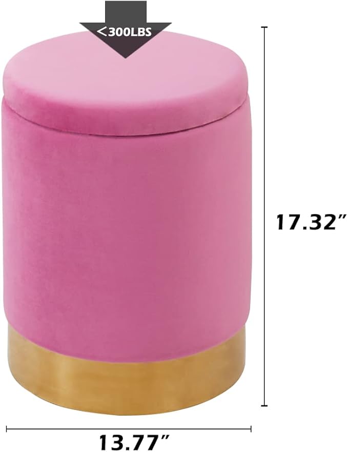 Mxfurhawa Velvet Storage Ottoman Multipurpose Footrest Stool with Metal Base Modern Round Vanity Stool Chair Ottoman Foot Stools Support 300 lbs Padded Seat for Living Room (Rose Pink)