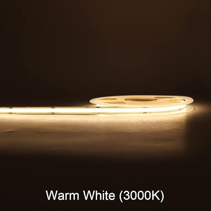 8mm 3000K Warm White COB LED Strip 24V DC Light Tape 480LEDs/m 16.4FT RA>90 High Lumen for House Kitchen Room House Ceiling Dedroom Decorative Lighting (DC24V, Without Power Supply)
