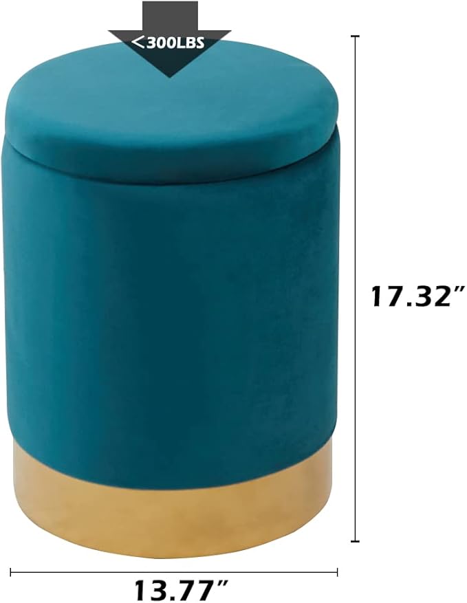 Mxfurhawa Velvet Storage Ottoman Multipurpose Footrest Stool with Metal Base Modern Round Vanity Stool Chair Ottoman Foot Stools Support 300 lbs Padded Seat for Living Room (Blue Green)