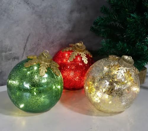 Glass Tabletop Christmas Ornaments|Pre-Lit with Soft White LEDs for Tabletop Xmas Home Party Centerpiece Mantel (3pc)