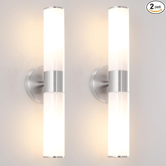 Brushed Nickel Wall Sconces Set of 2, Modern Bathroom Sconces with Mikly White Glass, Sconces Wall Decor Set of Two, Vanity Light Fixture over Mirror, Hardwired Wall Mount Lamps for Bedroom Hallway