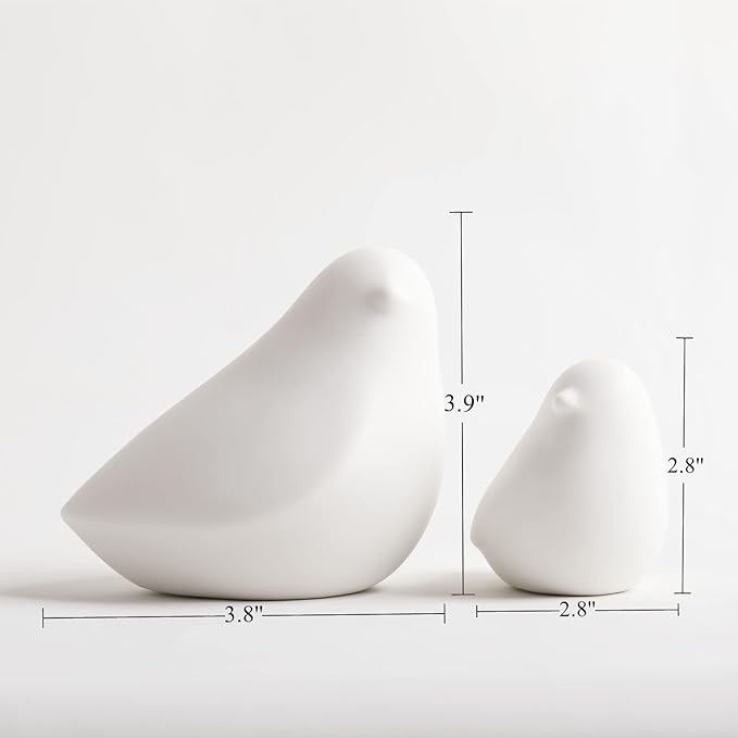 GOODSTART Ceramic Birds Figurines Small Birds Statues for Living Room, Bookshelf, TV Stand, A Set of 2 White Porcelain Pigeons for Christmas Decorations, Modern Home Decor for Shelves