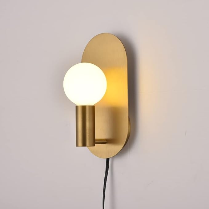 Modern Wall Sconce Plug in Gold Mid-Century Sconces Wall Lighting Cord with On Off Switch Brushed Stainless Steel Sconces Wall Mounted Lighting Fixture for Bedroom Living Room Bathroom