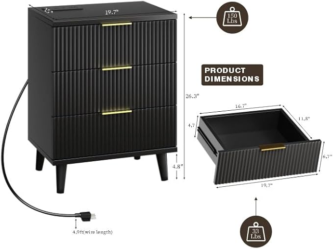 Fluted Black Nightstand with USB Charging Station, 3-Drawer Dresser Wood Modern Night Stand Bedside Table with Quiet Drawers & Large Storage End Table for Bedroom