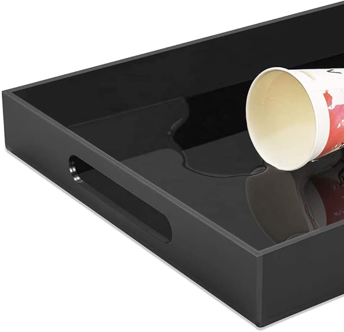 Acrylic Ottoman Tray with Handles - Remote Control Valet Tray, Black Nightstand Dresser or Bathroom Organizer - Spill Proof Square 12''x12'' (Black)