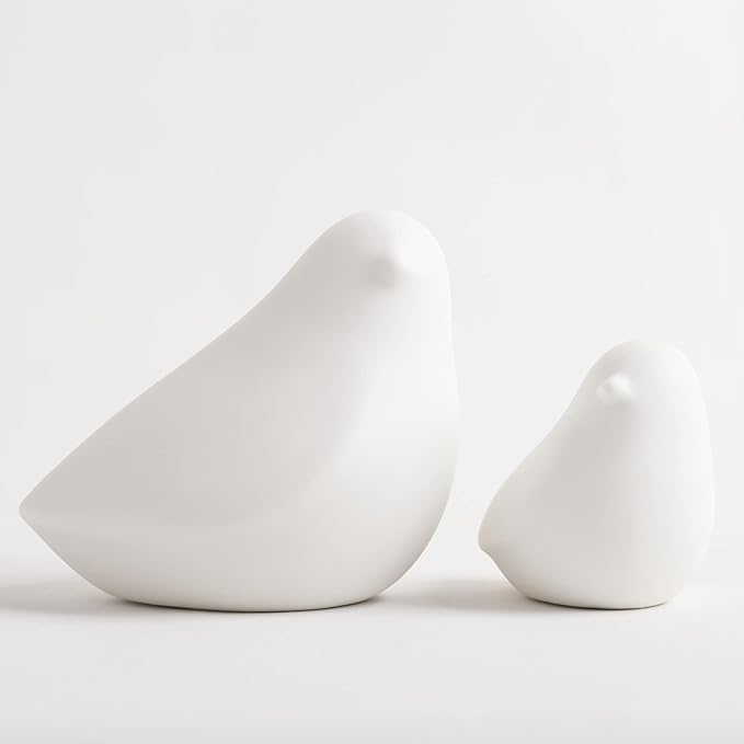 GOODSTART Ceramic Birds Figurines Small Birds Statues for Living Room, Bookshelf, TV Stand, A Set of 2 White Porcelain Pigeons for Christmas Decorations, Modern Home Decor for Shelves
