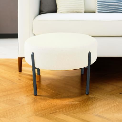 HomePop Modern Metal Sherpa Round Ottoman Home Décor Upholstered Round Foot Rest Ottoman - Cream