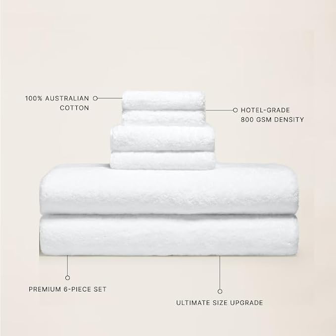 Italic Ultraplush Luxe 6 Piece Towel Set – 2 Bath Sheets, 2 Hand Towels, 2 Washcloths – 800GSM Soft, Highly Absorbent & Quick Drying, Resort Grade 100% Australian Cotton Towels (White)