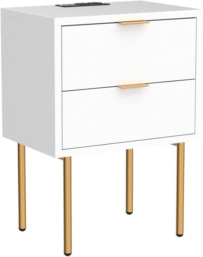 Masupu Nightstand with Charging Station,Mid-Century Modern Bedside Table with 2 Storage Drawer,Small Gold Frame Side End Table for Bedroom,Living Room (White)
