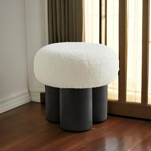 Mushroom Foot Stool, Round Teddy Fabric Ottoman with Non-Skid Legs, Small Footrest for Under Desk, Sofa Couch, Shoe Changing at Entrance, Living Room Bedroom Office (White & Black)