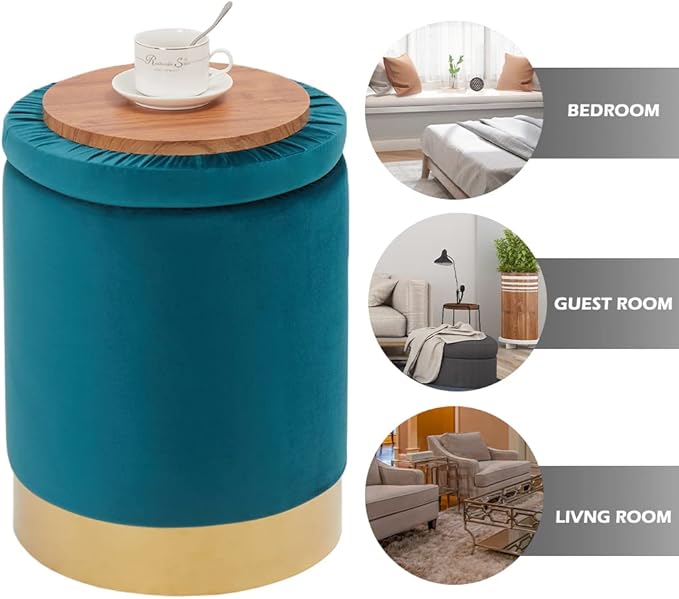 Mxfurhawa Velvet Storage Ottoman Multipurpose Footrest Stool with Metal Base Modern Round Vanity Stool Chair Ottoman Foot Stools Support 300 lbs Padded Seat for Living Room (Blue Green)