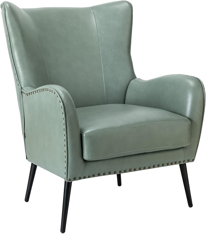 HULALA Home Faux Leather Accent Chair w/Removable Cushion, Comfy Upholstered Armchair with Black Metal Legs & Nailhead Trim Wingback Vanity Chair Desk Chair for Bedroom Reading Living Room, SAGE