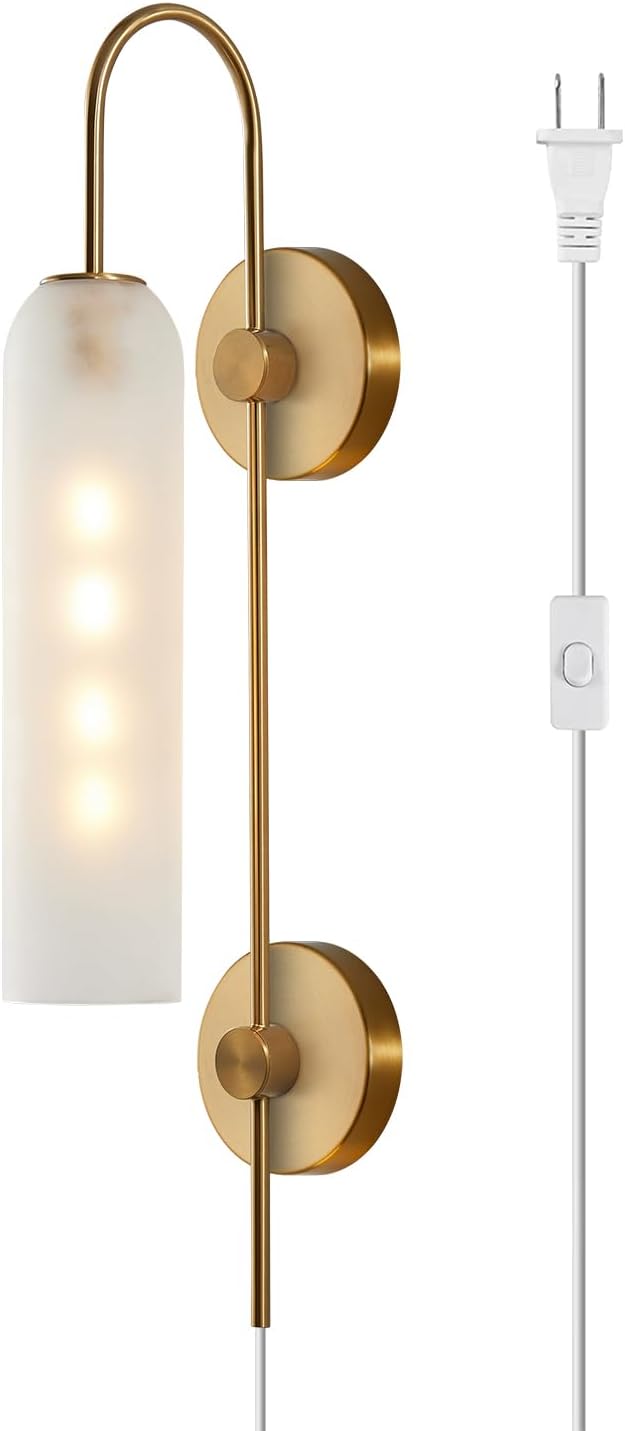 BOKT Mid Century Modern Plug in Wall Sconces Indoor Long Brushed Gold Milk White Glass Sconces Wall Lighting Single Wall Sconce Bathroom Vanity Light Brass Wall Mounted Light Fixture (White)