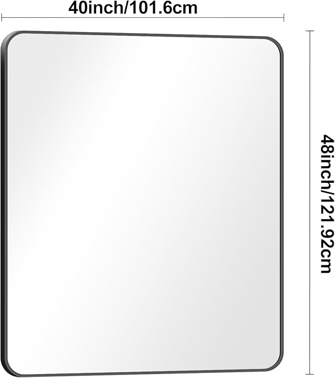 BONEWEI Black Bathroom Mirror,40x48 inch Wall Mirror for Bathroom Wall Mounted,Rectangle Mirror for Bathroom Over Sink,Modern Frame Round Corner for Living Room,Bedroom Entryway,Horizontal/Vertical