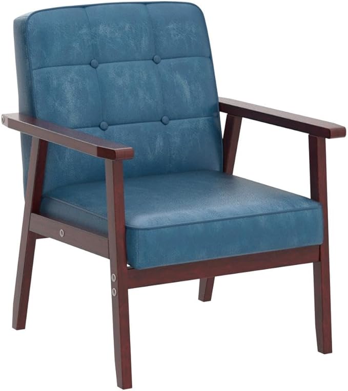 Okeysen Accent Chairs Set of 2, Mid Century Modern Accent Chair, Retro Wood and Leather Armchairs Side Chair, Lounge Reading Comfy Arm Chair for Living Room, Bedroom, Office (Blue)
