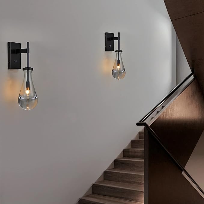HuisMier Black Wall Sconces, Raindrop Sconces Wall Lighting with On/Off Switch Button, Modern Clear Glass Vanity Light Fixtures Raindrop Wall Sconce for Bathroom Bedroom Living Room Hallway