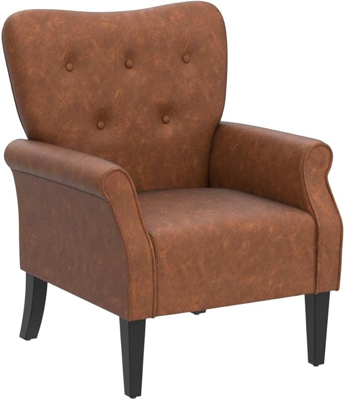 Yaheetech Modern Armchair, Mid Century PU Leather Accent Chair with Sturdy Wood Legs and High Back for Small Space, Upholstered Sofa Club Chair for Living Room/Bedroom, Set of 2, Retro Brown