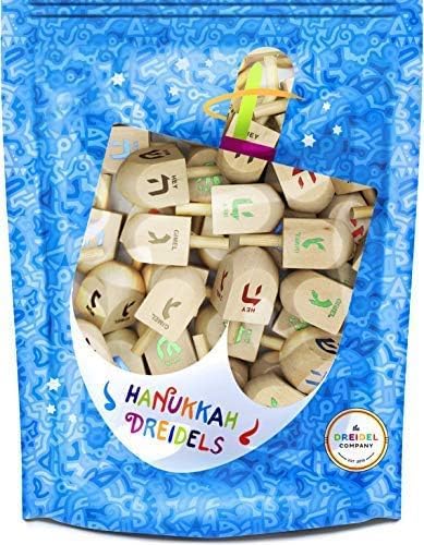 Natural Wood Dreidels Hanukkah Draydel with English Transliteration & Instruction Cards (50-Pack)