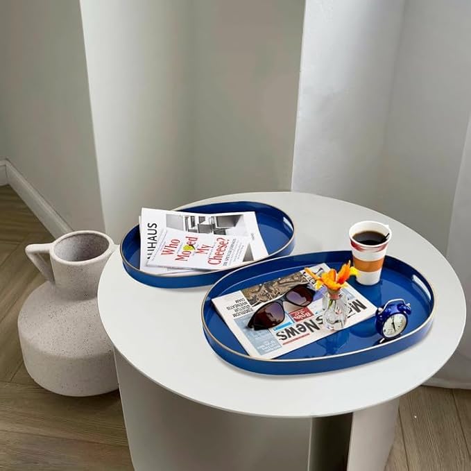 MAONAME Blue Serving Trays with Handles, Oval Decorative Tray for Coffee Table, Nesting Trays Set of 2, Plastic Vanity Tray for Ottoman, Living Room