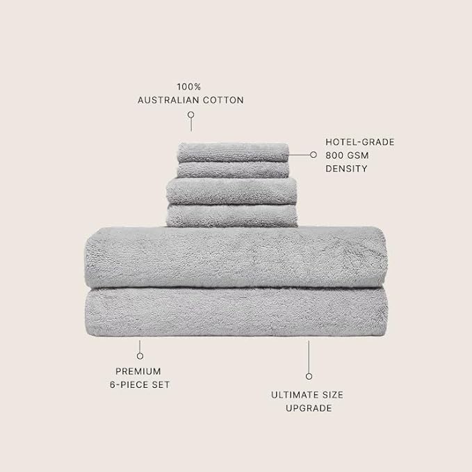 Italic Ultraplush Luxe 6 Piece Towel Set – 2 Bath Sheets, 2 Hand Towels, 2 Washcloths – 800GSM Soft, Highly Absorbent & Quick Drying, Resort Grade 100% Australian Cotton Towels (Light Gray)