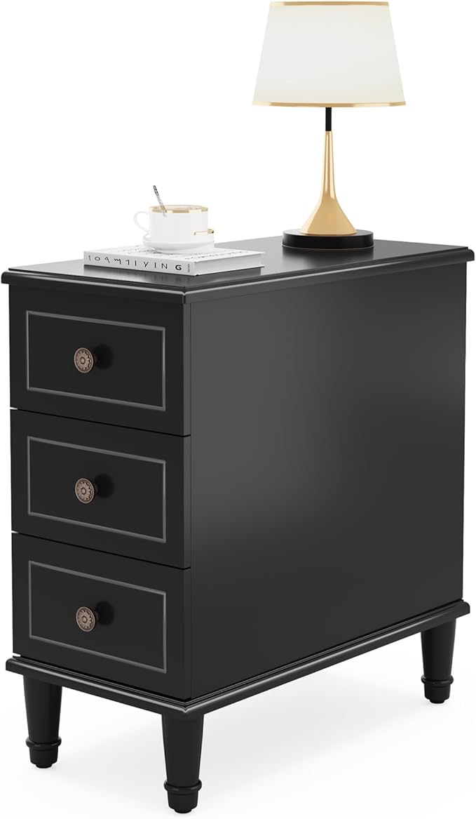 Tribesigns Solid Wood End Table, Fully Assembled Narrow Side Table with Drawers, Pre-Assembled Nightstand Slim Bedside Table for Small Spaces, Living Room, Bedroom, Black