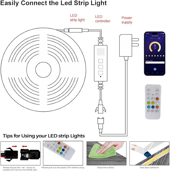 CCT COB LED Strip Light 32.8ft, Tunable White Warm White to Cool White LED Strip, 608LEDs/M DC24V Tape Light, CRI90+, Bluetooth App Control, Dimmable Strips for Bedroom, Office, DIY Lighting.