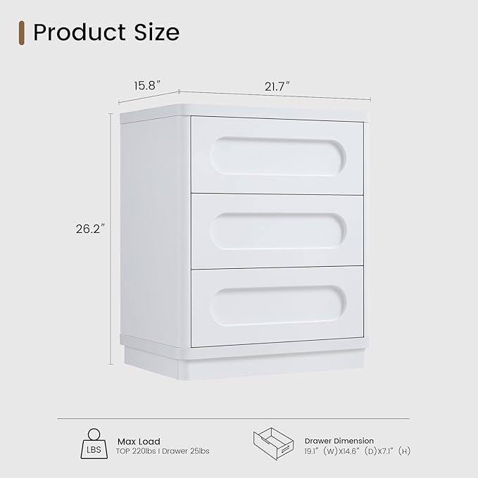 Night Stand, Nightstand with 3 Drawers, 21.7''(W) x 15.8''(D) Large Night Stand Bedside Tables for Bedroom, Modern Storage Bedside Table for End Tables, Sofa, White