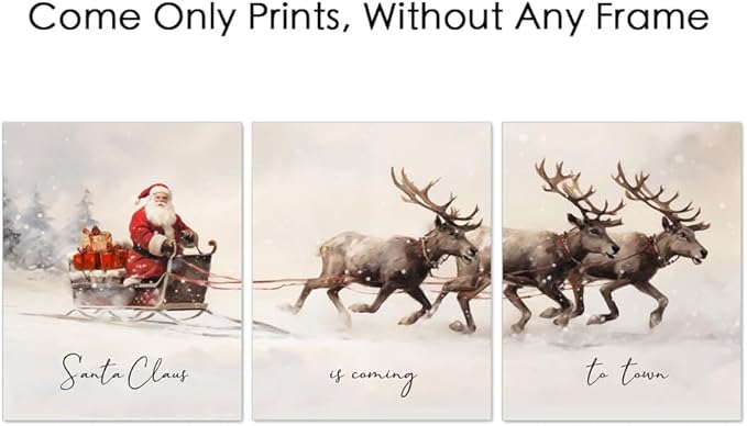 Gallery Set of 3, Christmas Posters, Christmas Santa Claus with a Sleigh Prints, Xmas Wall Art Home Decor, Christmas Wall Art, Christmas Living Room Decorations, 11X14 INCH Ready for Framing
