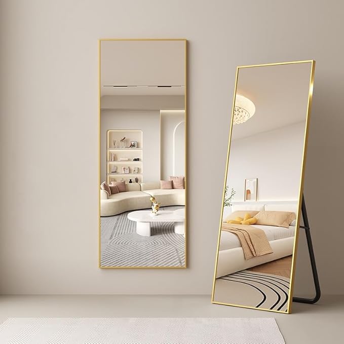 Full Length Mirror with Stand, 64" x 21" Free Standing Floor Mirror, Full Body Mirrors, Hanging or Wall Mounted Mirrors for Bedroom, Rectangle Shape, Metal Frame,Gold