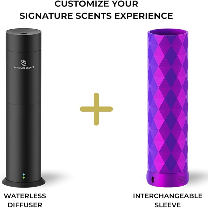 Waterless Essential Oil Hotel Scent Diffuser - Cold Air Diffuser - Covers 1000 sq. ft. - Waterless Diffuser for Home, Office & Hotel (Black + Interchangeable Sleeve) (Black + Purple/Pink/Blue Sleeve)