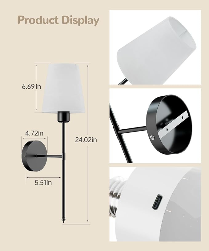 Battery Operated Wall Sconce Set of 2,Rechargeable Wall Lights with Dimmable Detachable Bulbs and Remote,15 Colors Wireless Wall Lamps for Bedroom Living Room Hallway,Black(2 Pack)