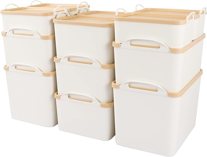 ANMINY 12PCS Plastic Storage Bins Containers with Lids, Large White Storage Organization Bins Boxes, Lidded Plastic Storage Baskets for Closet Shelves Drawers Desktop Home Office