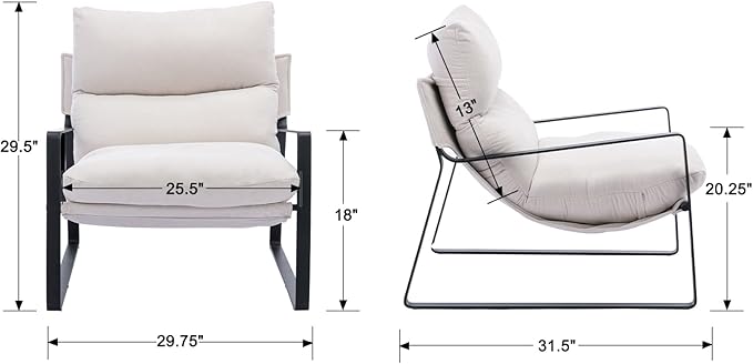 Mid-Century Accent Chair, Comfy Side Chair with Armrest Chenille Fabric, Upholstered Leisure Chair with Black Metal Frame for Living Room Bedroom Reception Room, White