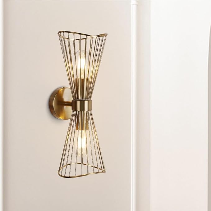 Brass Wall Sconces,Mid Century Wall Sconce,2 Light Bathroom Vanity Light Hardwired Vintage Sconces Wall Lighting Fixtures for Bedroom Living Room Bathroom Hallway E26