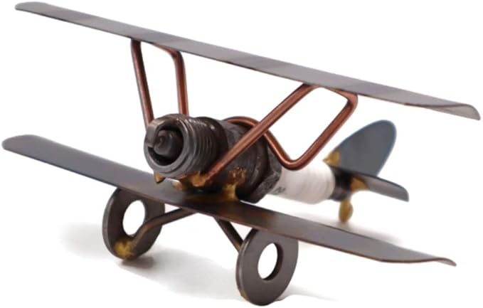 Bi-Wing Plane Collectible Handmade Metal Art Figurine, Desk Accessories, Trophy, Boss Gift, Home Office Décor, Airplane