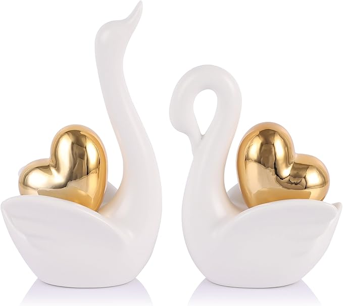 Loving Swan Figurine with Gold Heart Statue, Ceramic Animal Regalos Para Parejas, Cute Figurines Pottery Gifts for Anniversary, Couple Swan Sculpture for Women Dresser Knick Knacks Shelves Show Pieces