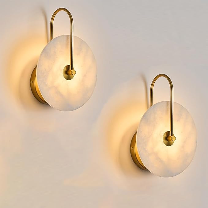 Round Alabaster Wall Sconce Set of Two, Natural Marble Lampshade Wall Sconce, Hardwired Circular Sconce LED Modern Wall Lamp for Bedroom, Stairs, Living Room, Bedside, Hallway