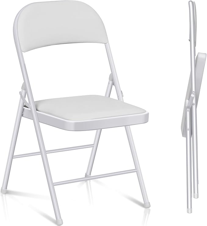 2 Pack Folding Chairs with Cushion Padded - Metal Chairs w/Comfortable Seats and Durable Steel Frame Foldable Chair for Indoor Outdoor Wedding, Party, Backyard & Office Events (White, 2 Pack)