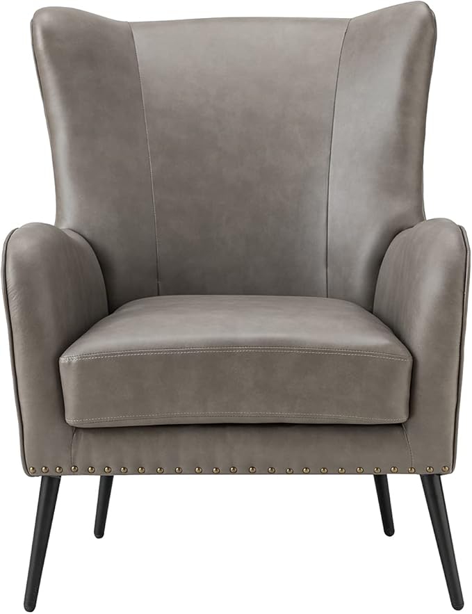 HULALA Home Faux Leather Accent Chair w/Removable Cushion, Comfy Upholstered Armchair with Black Metal Legs & Nailhead Trim Wingback Vanity Chair Desk Chair for Reading Living Room Bedroom, Grey
