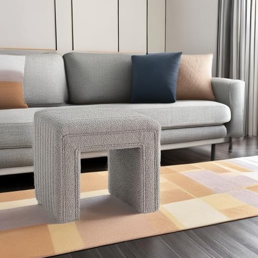 Get Set Style Vanity Stool Chair,Modern Boucle Ottoman Foot Stool with Wooden Legs Sofa Bench Footstool Extra Seat for Vanity,Makeup Room,Living Room,Entryway,Office (Fully Assembled)